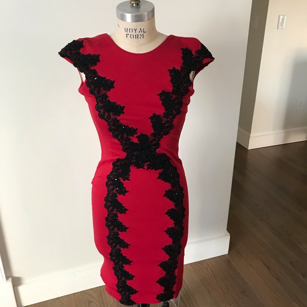 Red midi dress with black embellishment, size 8